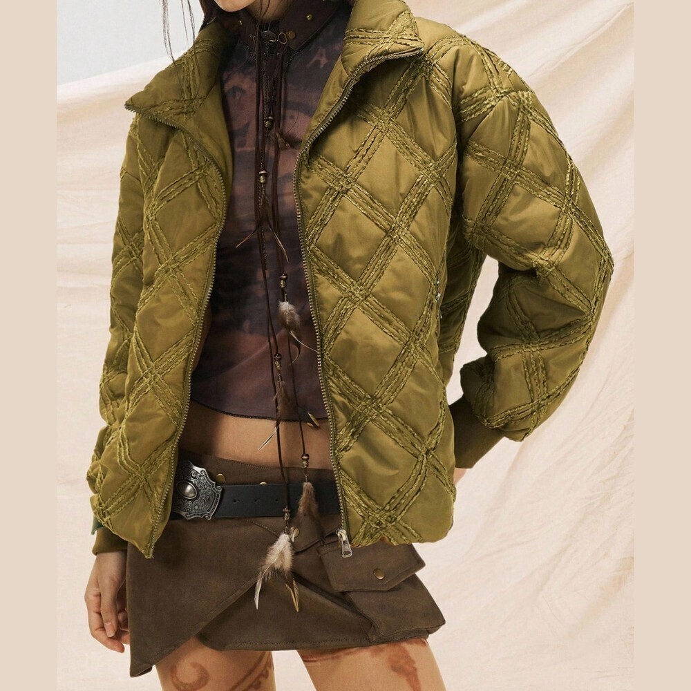 Olive Green Velvet Trim Diamond Quilted Zip Front High Neck Puffer Jacket
